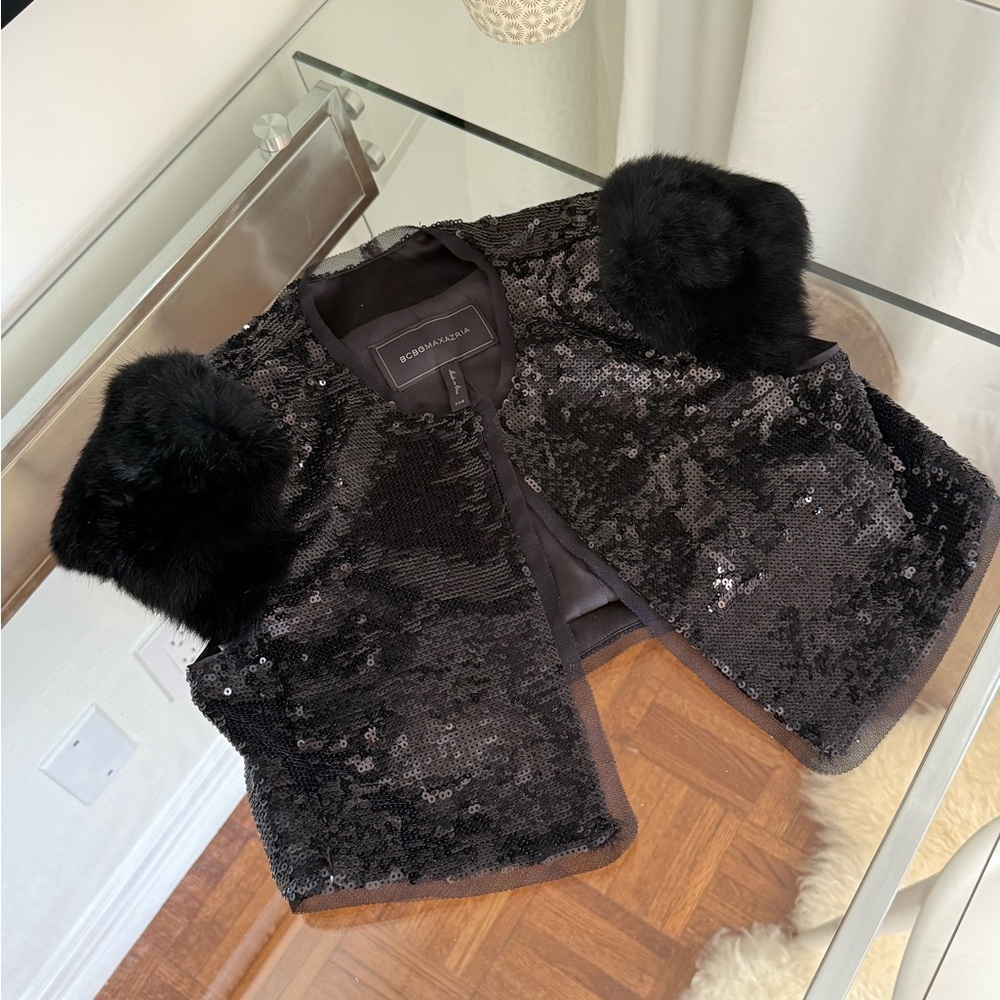 BCBGMaxAzria Black Sequin Jacket with Rabbit Fur cap sleeves